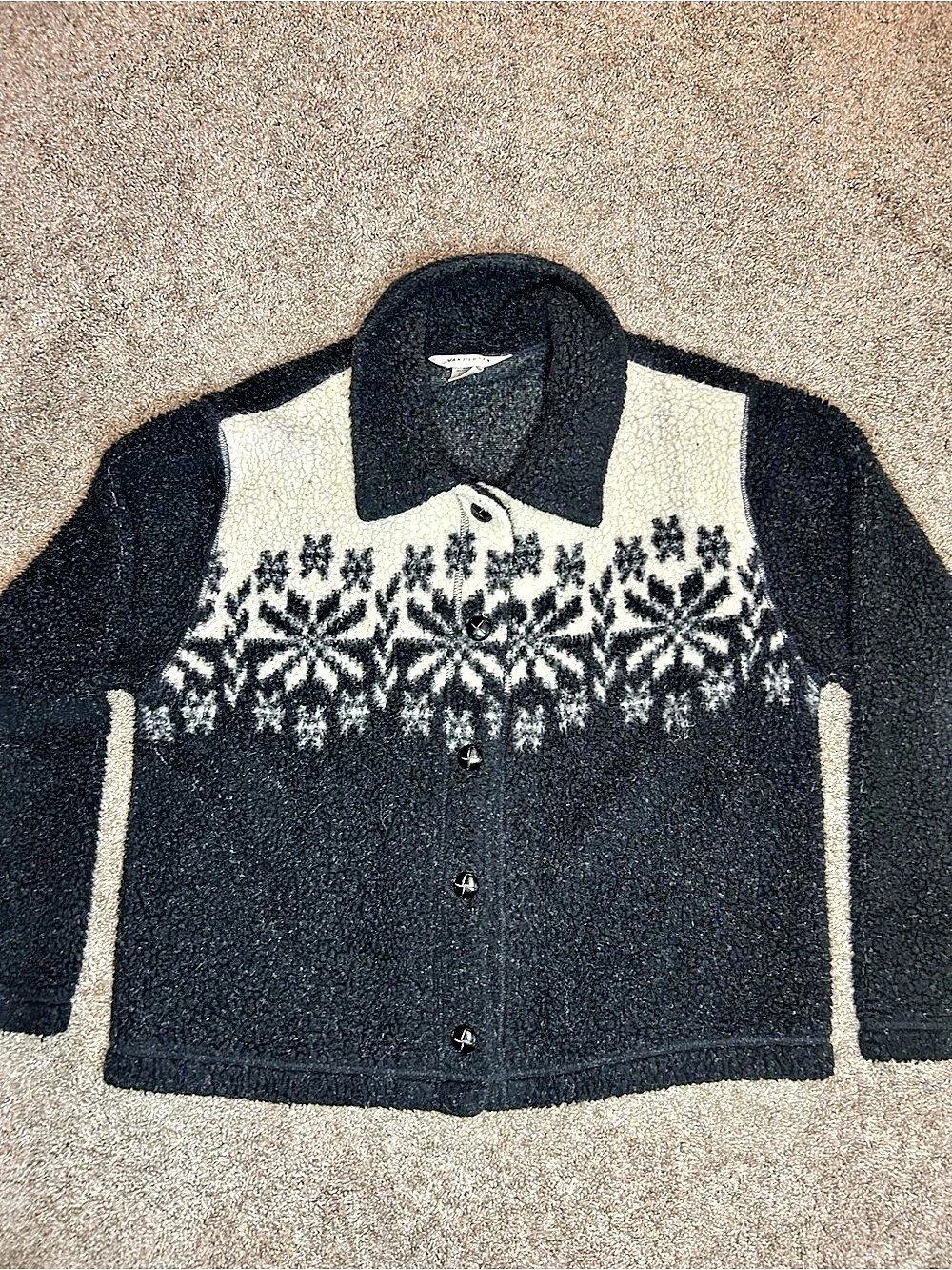 Van Heusen Fair Isle Button-Front Cardigan in Black & White Size Medium